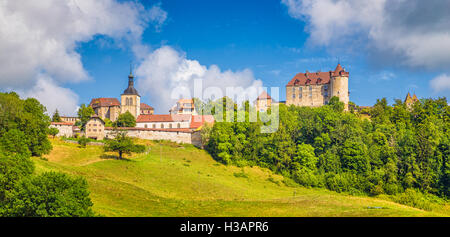 Panoramic view of the medieval town of Gruyeres, home to the world-famous Le Gruyere cheese, canton of Fribourg, Switzerland Stock Photo