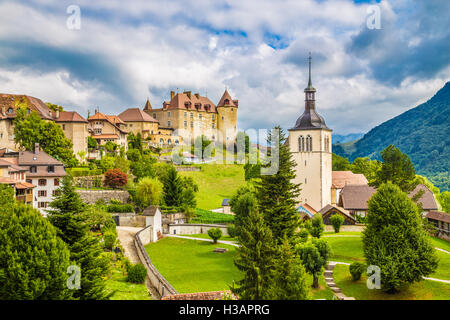 Beautiful view of the medieval town of Gruyeres, home to the world-famous Le Gruyere cheese, canton of Fribourg, Switzerland Stock Photo