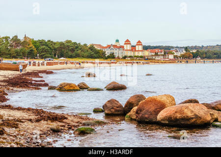 Beach and casino of Baltic Sea resort Binz, Ruegen island, rocks in foreground Stock Photo