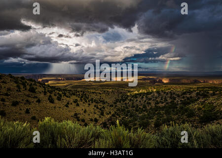 Scenic Arizona landscape with rainbow over the Little Colorado River Valley Stock Photo