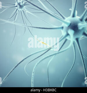 Neurons transmission signals in the head on blue background. Synapse, 3d rendering Stock Photo