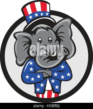 Illustration of an American Republican GOP elephant mascot arms crossed wearing usa stars and stripes top hat and suit viewed from front set inside circle on isolated background done in cartoon style. Stock Vector