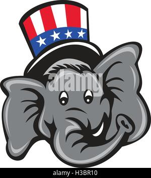 Illustration of an American Republican GOP elephant mascot head wearing usa stars and stripes top hat viewed from front set on isolated white background done in cartoon style. Stock Vector