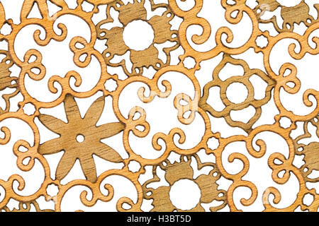 Decorative finely detailed wood carving panel, isolated on white. Stock Photo