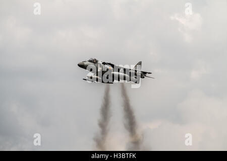 A Harrier Jump Jet performs vertical take-off at the Farnborough Air Show 2014. Stock Photo