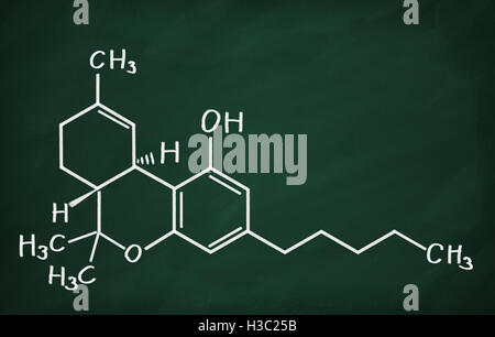 Structural model of THC molecule on the blackboard. Stock Photo