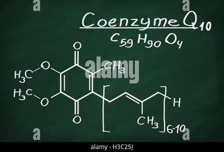 Structural model of Coenzyme Q10 on the blackboard. Stock Photo