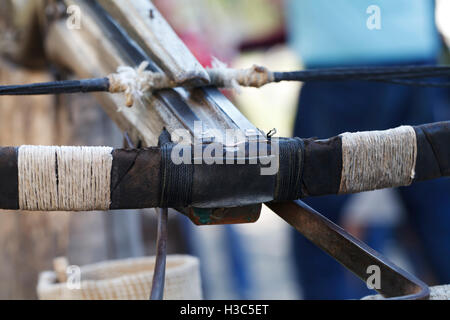 Crossbow ancient wooden close-up, medieval, ancient firearms Stock Photo