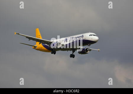 Monarch Airlines Airbus A321-200 G-ZBAJ arriving at Birmingham Airport, UK Stock Photo