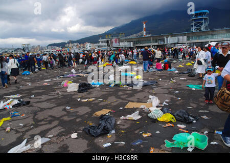 QUITO, ECUADOR - JULY 7, 2015: Pope Francisco event in Quito, after mass people getting out. Garbage on the floor Stock Photo