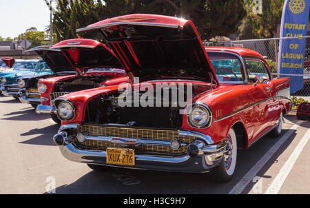 Laguna Beach, CA, USA - October 2, 2016: Red 1957 Chevrolet Bel Air 2 Door Hardtop owned by Len Yerkes and displayed at the Rota Stock Photo