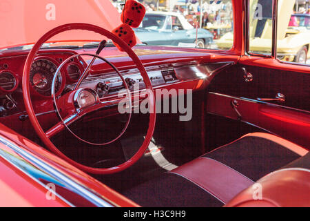 Laguna Beach, CA, USA - October 2, 2016: Red 1957 Chevrolet Bel Air 2 Door Hardtop owned by Len Yerkes and displayed at the Rota Stock Photo