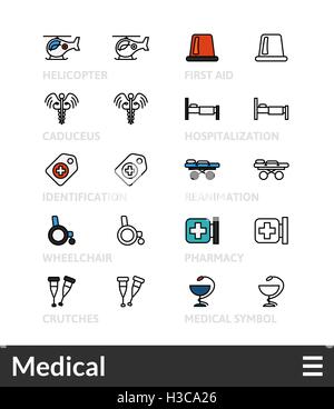 Black and color outline icons, thin stroke line style design Stock Vector