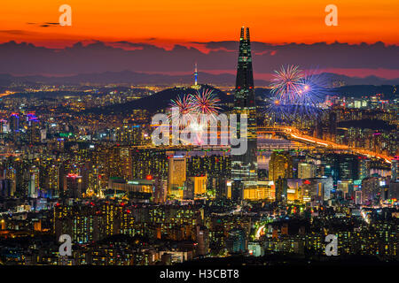 Seoul Fireworks In Seoul City Skyline,South Korea. Stock Photo