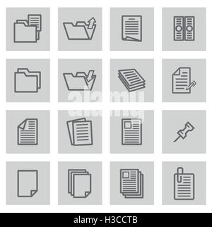 Vector black line document icons set on grey background Stock Vector
