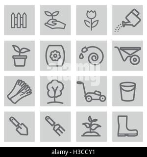 Vector black line gardening icons set on grey background Stock Vector