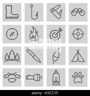 Vector black line hunting icons set on grey background Stock Vector