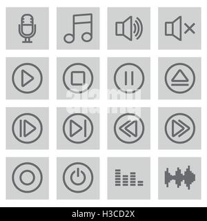 Vector black line sound icons set on grey background Stock Vector