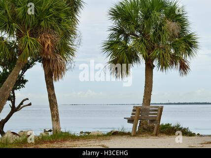 Bench on the beach to relax and enjoy the Gulf of Mexico. Stock Photo