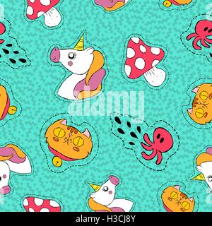 Hand drawn seamless pattern with cute animals and fantasy patch icons, stickers or pins. Unicorn, cat, mushroom design Stock Vector