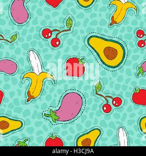 Healthy food hand drawn seamless pattern with fruit and vegetable patch icons, banana, strawberry, cherry designs. EPS10 vector. Stock Vector