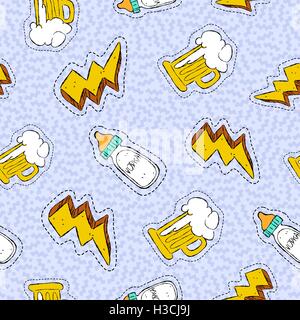 Alcohol drink seamless pattern with hand drawn beer and funny vodka patch icons, stickers or pins. EPS10 vector. Stock Vector