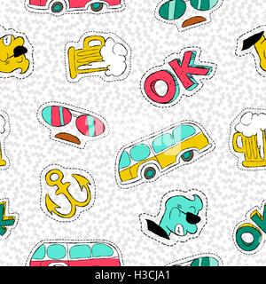 Retro hand drawn seamless summer pattern with 90s style patch icons, beer, van, sunglasses and more. EPS10 vector. Stock Vector