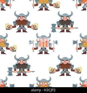 Dwarfs with beer mugs and axes, seamless Stock Vector