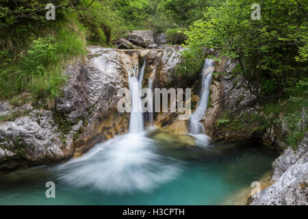 Waterfalls in Valle Vertova, Vertova, Val Seriana, Bergamo province, Lombardy, Italy. Stock Photo