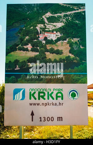Entrance sign at the Krka Monastery, Krka National Park, Dalmatia, Croatia Stock Photo