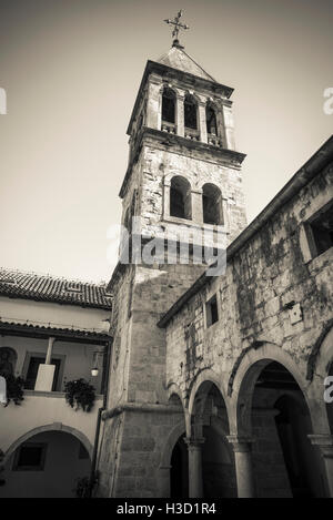 The abbey bell tower and courtyard, Krka Monastery, Krka National Park, Dalmatia, Croatia Stock Photo