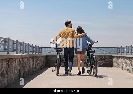 Rear view of couple with bicycles walking at observation point against clear sky Stock Photo