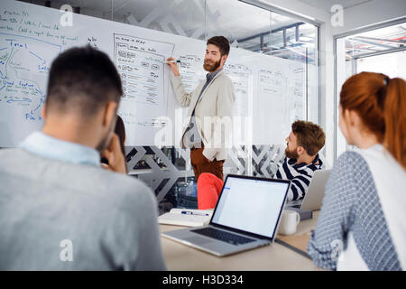 Businessman giving presentation to colleagues in board room Stock Photo