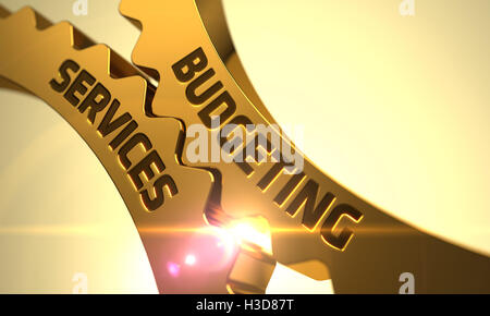 Budgeting Services Concept. Golden Cog Gears. 3D. Stock Photo