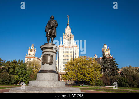 Moscow State University, MSU, and monument to its founder Mikhail Lomonosov Stock Photo