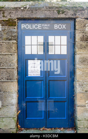 Fake old fashioned Police Public Call Box painted onto a door in Belper, Derbyshire Stock Photo