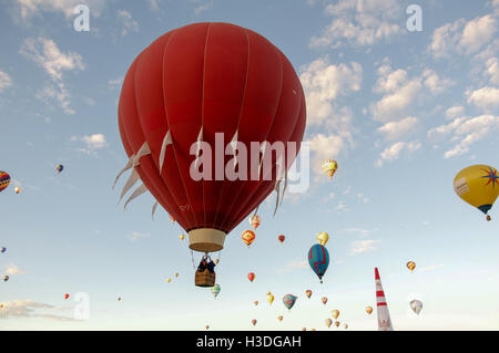 Hot air balloons go into the sky at dawn at the Albuquerque International Balloon Fiesta in New Mexico, October 2016. Stock Photo