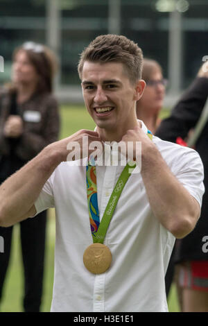 Max Whitlock gold medalist winner from Rio 2016 Olympics in gymnastics floor and pommel horse attends Lord's Cricket Club to mark the expansion of the Coach Core sports coaching apprenticeship programme, London, UK. Stock Photo