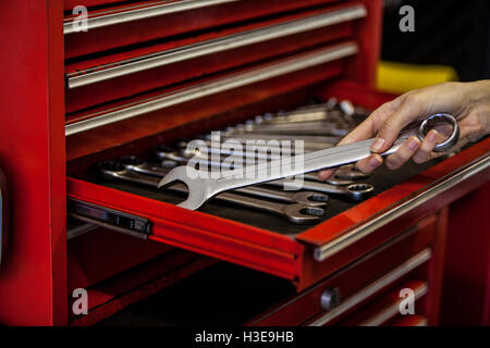 Hand of mechanic holding wrench Stock Photo