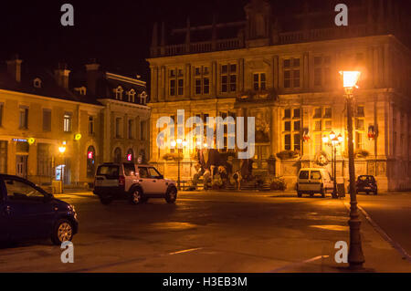 Giant effigy of the Elector of Lamartine, outside the  town hall,  night, Bergues, Nord Pas de Calais, Hauts de France, France Stock Photo