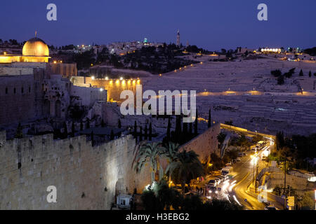 View at twilight of Al-Aksa Mosque along the southern wall of the Temple Mount known as The Noble Sanctuary and to Muslims as the Haram esh-Sharif in the Old City East Jerusalem Israel Stock Photo