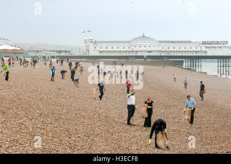 Volunteers responded to Brighton Council's call for volunteers to help clean up the city's beach after lots of daytrippers Stock Photo