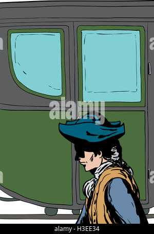Side view of 18th century man in hat walking past fancy empty buggy Stock Photo