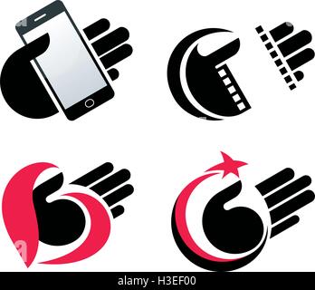 concept objects in hand. isolated smart phone, filmstrip, heart, moon, star vector icons eps10. Stock Vector