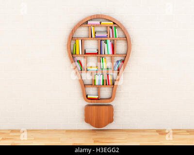 3d renderer image. Wooden bookshelf in form of bulb. Inspiration, creative and new idea concept. Stock Photo