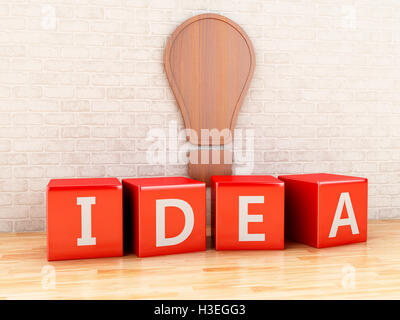3d renderer image. Wooden light bulb with word idea. Inspiration, creative and new idea concept. Stock Photo