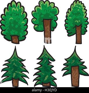 Set of six hand drawn detailed vector trees. Vector file, on white background. Grouped, ready to use. Stock Vector