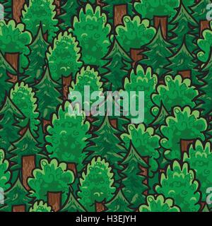 Seamless trees / forest pattern / background. Detailed vector illustration, Trees are mix of deciduous and Conifer. Stock Vector