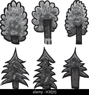 Set of six hand drawn detailed vector trees. Vector file, on white background. Grouped, ready to use. Stock Vector