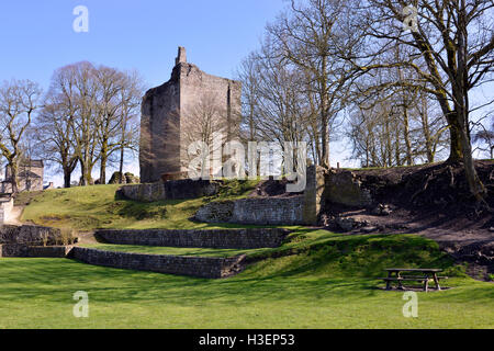 Ruined keep the old castle at Domfront, commune in the Orne department, Lower Normandy region, in north-western France Stock Photo